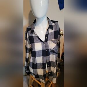 Navy Blue and White Plaid Button-Up Shirt